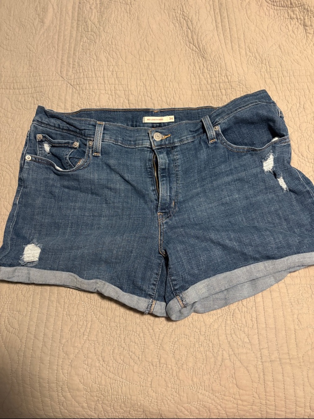 Levi's Dark Blue Distressed Rolled-Hem Jean Shorts